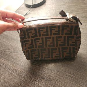 FENDI Zucca Hand Bag Pouch Canvas Leather Brown